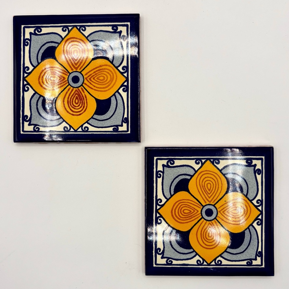 Santa Barbara Blue and Yellow Orange Floral Ceramic Tiles - Set of 2
